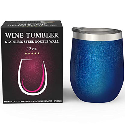 CHILLOUT LIFE 12 oz Stainless Steel Wine Tumbler with Lid - Double Wall Vacuum Insulated Wine Cup Glass Keeping Cold & Hot for Coffee, Champagne, Cocktails, Ice Cream - Blue Sparkle - color: Blue Sparkle, style: 1 Pack
