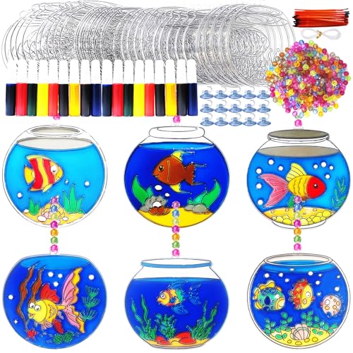 Ayhuhra 30 Sets Fishbowl Suncatcher Craft Kits Make Your Own Sea Animal Fish Tank Scene DIY Window Paint Art Sun Catcher Kit for Home Party Activities Art Project - style: Fishbowl