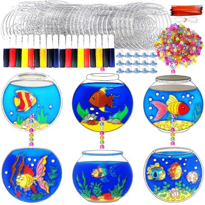 Ayhuhra 30 Sets Fishbowl Suncatcher Craft Kits Make Your Own Sea Animal Fish Tank Scene DIY Window Paint Art Sun Catcher Kit for Home Party Activities Art Project - style: Fishbowl