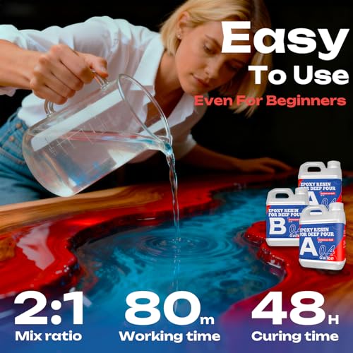 Deep Pour Epoxy Resin Kit 1.2 Gallon, 2-4 Inch 2:1 Clear Deep Pour Epoxy Resin Kit with 16 Pigments and 20 Mica Powders - Bubble Free Crystal Clear for River Table, Art Crafts, Flowers, Wood, DIY - size: 1.2Gallon