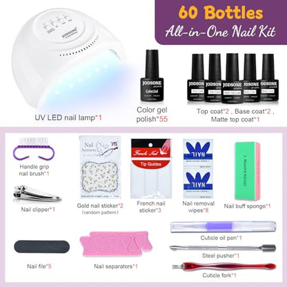 JODSONE Gel Nail Polish Kit 60 PCS with U V Light Soak off Base Top Coat 55 Shine Colors Gel Nail Kit Bright and Dark Brown Wine Red Series Manicure Set for Women and Girls - color: B17