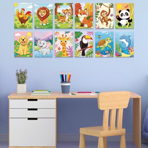 Anseal 12 Packs Pre Drawn Canvas to Paint, 5" X 7" Cute Animals Pre Printed Canvas for Painting, Pre Stretched Canvas Outline Painting Boards for Party Favor - style: Animals