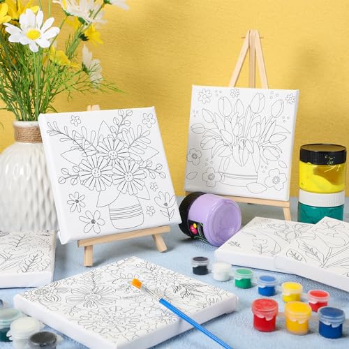 Honoson 6 Pcs 6 Inch Pre Drawn Outline Canvas Paint Kit with Pictures for Adults Paint Party Stretched Canvas Art Boards Set for Adult Beginner(Floral Style) - style: Floral Style