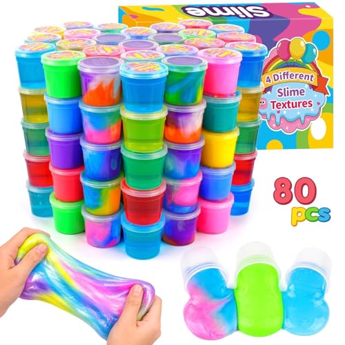 4 Textures - 80 Pack Slime Kit for Girls Boys, with Galaxy, Butter, Cloud, Clear Slime, Bulk DIY Putty Toys for Kids Party Favors, Sensory Stress Relief Birthday Gifts for Ages 4-8 8-12, Non-Stick - style: 80 Pcs Explore 4 Slime Textures