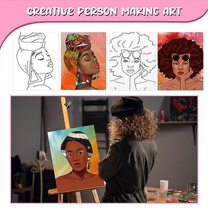 Sherr 75 Pcs 15 Set Pre Drawn Canvas Kit for Painting Craft Sip and Paint Kit for Adults Boho Black Women Pre Printed Canvas Painting Favor for DIY Black History Month Gifts Adult's Date Party - style: Boho Lady