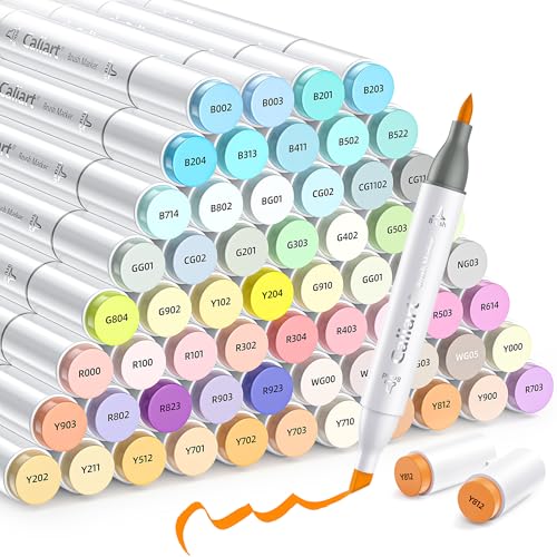 Caliart Pastel Alcohol Markers Brush Tip 61 Colors, Dual Tip Chisel & Brush Set Permanent Art Markers with Case for Artists Adult Coloring Books Illustration Drawing Supplies Gifts, Colorless Blender - color: 61 Pastel Colors, size: 1 Count (Pack of 61)