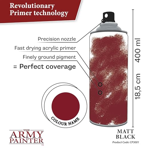 The Army Painter, Base Primer Matt Black, 400 mL Acrylic Spray Primer, Spray Paint Basecoat for Miniature Priming, Tabletop Roleplaying, Boardgames, and Wargames modelling - color: Matt Black