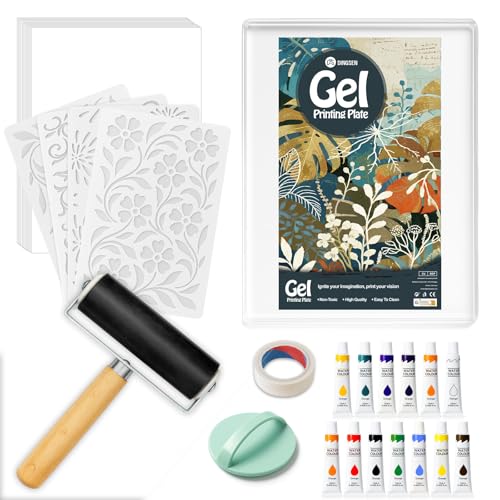DINGSEN Gel Printing Plate Kit, Complete Printmaking Set with 5” X7” Gel Plate, Brayer, Watercolor Paints, A5 Printmaking Paper, and Essential Tools for Mixed Media Art, Monoprinting, Card Making