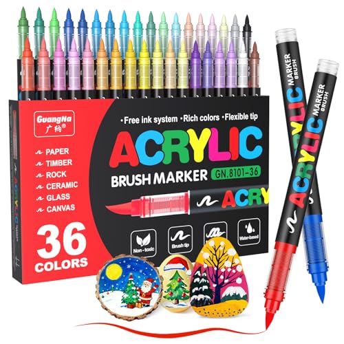 JRQ 36 Colors Acrylic Paint Markers Set, Brush Tip Pens with Waterproof Long-Lasting Ink for Rock, Canvas, Fabric, Wood, Paper, Glass, Stone, Coloring Book & DIY Crafts, Back to School Gift Set - color: 36 Multicolor, size: 1 Count (Pack of 36)