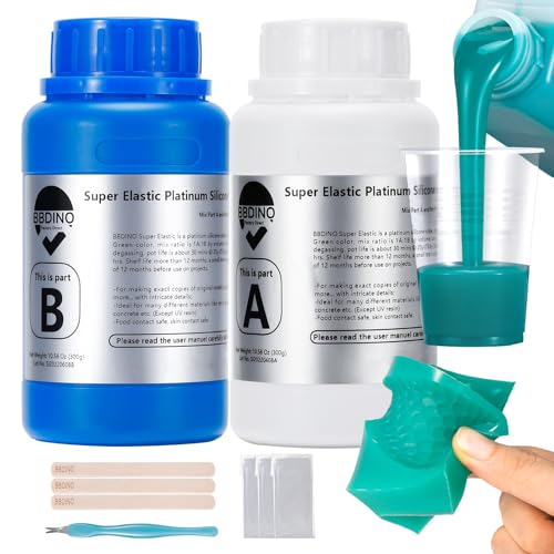 BBDINO Silicone Mold Making Kit, Super Elastic Liquid Silicon for Mold Making, N.W. 21.2 oz, 1:1 by Volume, Jade Green, Ideal for Casting Silicone Molds for Resin/Plaster/Wax/Jewelry etc. | 1:1 Mixing Self Degassing 3h Fast Cure Platinum Silicone Ideal fo