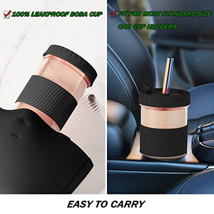 Amyoole 2 Pack Reusable Boba Cup,24Oz Wide Mouth Smoothie Cup,mason Jar Glass Cups with Lids and Straws,Bubble/Boba Tea Cups,Ice Coffee Tumbler 2 colored straws 1 sponge brush(Black) - color: Black