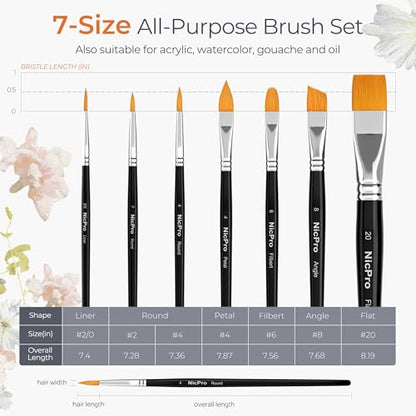 Nicpro Face Paint Brush Set, 7PCS Professional Face & Body Painting Brushes with Black Handles, Synthetic Nylon Hair, Makeup Paintbrush Kit for Halloween Cosplay, Acrylic Watercolor Gouache - color: Black