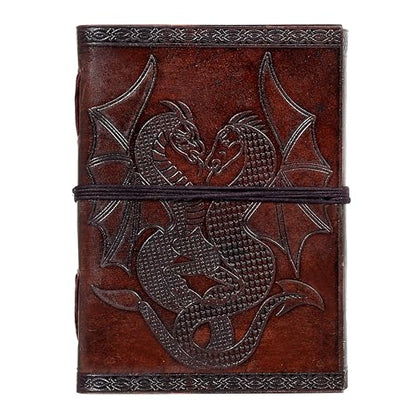 AzureGreen DOUBLE DRAGON Blank Page BOOK Handcrafted Leather Writing Unlined 5 x 7 JOURNAL (Brown) - color: Brown Leather