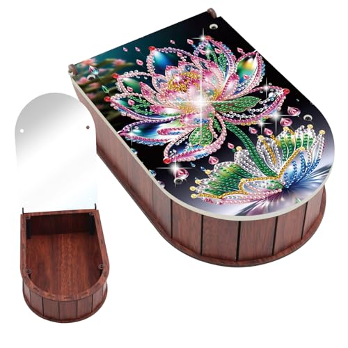 JZHYOAN Diamond Painting Lipstick Eyeshadow Cosmetic Box with Mirror Diamond Art Rhinestone Decor Craft Storage Box DIY Special Shape Wooden Storage Case Handmade Art Desktop Decor Gifts for Adults - color: Pink flower