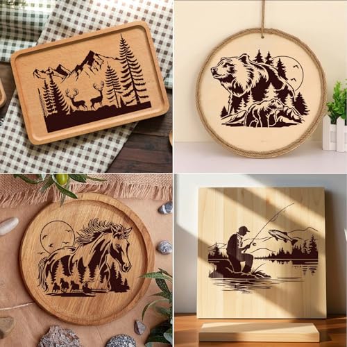 12 Pcs Large Wildlife Wood Burning Stencils, Mountain Bear Deer Wolf Horse Fish Templates, Reusable Drawing Animal Stencil for Painting on Wood DIY Crafts Canvas Wall Fabric(Animal) - style: Animal