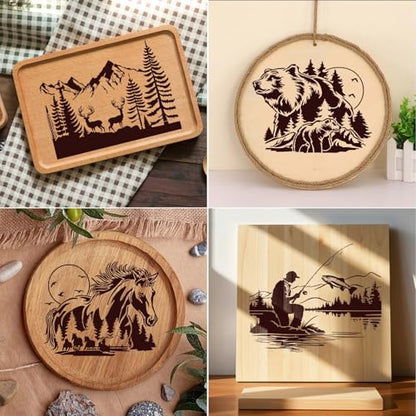 12 Pcs Large Wildlife Wood Burning Stencils, Mountain Bear Deer Wolf Horse Fish Templates, Reusable Drawing Animal Stencil for Painting on Wood DIY Crafts Canvas Wall Fabric(Animal) - style: Animal