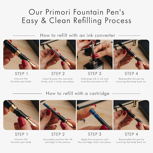 Wordsworth & Black Primori Fountain Pen Set [Black Gold]; Medium Nib, Gift Case, 24 Ink Cartridges, Refill Converter, Manual; Journaling, Calligraphy, Smooth Writing Pens; Left & Right Handed - color: Black Gold, style: Medium Nib