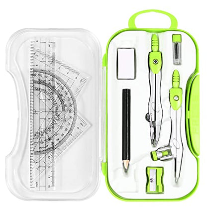 Unjoo Math Geometry Kit Sets 10 Piece Student Supplies with Shatterproof Storage Box,Includes Rulers,Protractor,Compass,Eraser,Pencil Sharpener,Lead Refills,Pencil,for Drafting and Drawings（Green） - color: Green