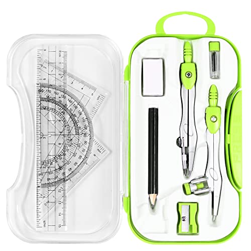 Unjoo Math Geometry Kit Sets 10 Piece Student Supplies with Shatterproof Storage Box,Includes Rulers,Protractor,Compass,Eraser,Pencil Sharpener,Lead Refills,Pencil,for Drafting and Drawings（Green） - color: Green