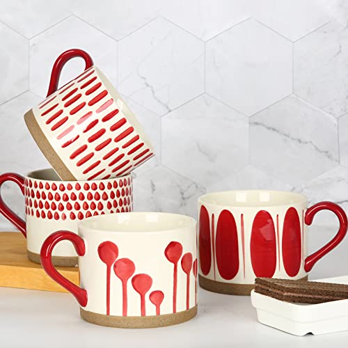 Koja 16 oz Premium Hand Painted Porcelain Ceramic Mug Set, Large Coffee & Tea Mugs, Elegant Decorative Durable Stoneware Microwave Safe Drinkware for Home Kitchen, 4-Pack - size: 16 oz Red