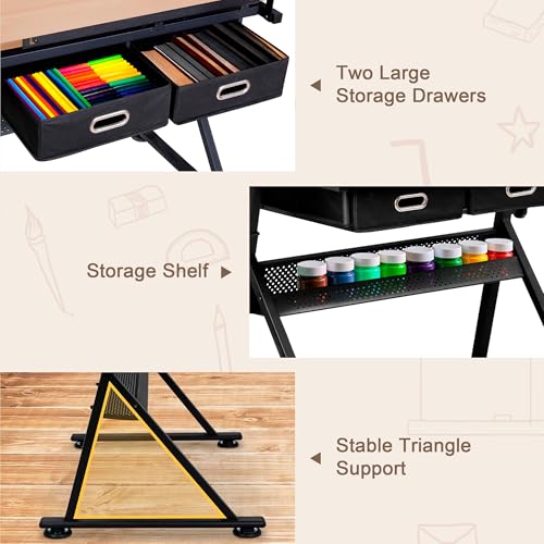 ZENY Adjustable Drafting Table with Stool, Tilting Drawing Desk Artist Table with Storage Drawers, Art Craft Workstation for Home Office Reading, Writing, Crafting (Brown-with Outlet) - color: Brown-with Outlet