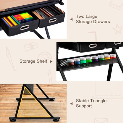 ZENY Adjustable Drafting Table with Stool, Tilting Drawing Desk Artist Table with Storage Drawers, Art Craft Workstation for Home Office Reading, Writing, Crafting (Brown-with Outlet) - color: Brown-with Outlet