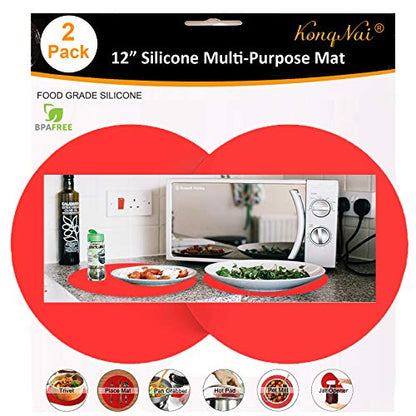 Silicone Microwave Mat 12 Inch, Non Stick Turntable Safe Baking Mat for Kitchen, Multi-Purpose Heat Resistant Oven Mat 2 Pack, BPA Free Microwave Splatter Cover (Red) - color: Red