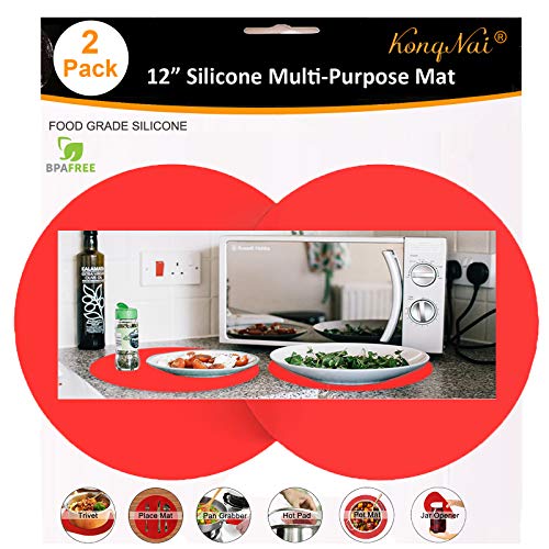 Silicone Microwave Mat 12 Inch, Non Stick Turntable Safe Baking Mat for Kitchen, Multi-Purpose Heat Resistant Oven Mat 2 Pack, BPA Free Microwave Splatter Cover (Red) - color: Red