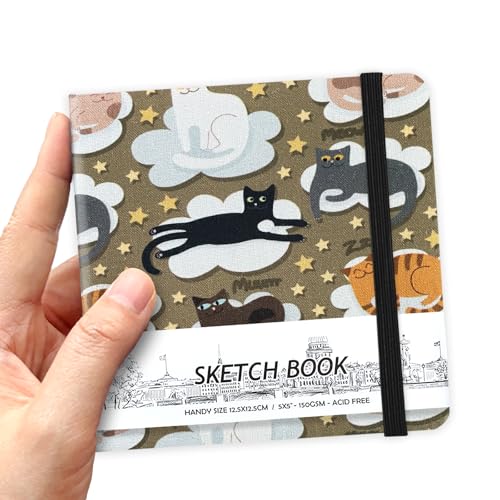 5" x 5" Hardcover Sketch Book,Small Mixed Media Sketch Pad,58 Sheets 150GSM Acid-Free Artist Drawing Paper,Travel Journal Blank Notebook for Adults Painting,Illustration,Art Supplies.Cloud Cat - color: 150gsm Cloth-cloud cat