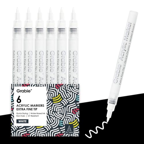 Grabie 6 White Acrylic Paint Markers, 0.7mm Extra Fine Tip Acrylic Paint Pens for Drawing, Coloring Books for Adults - color: 6 White Acrylic Markers