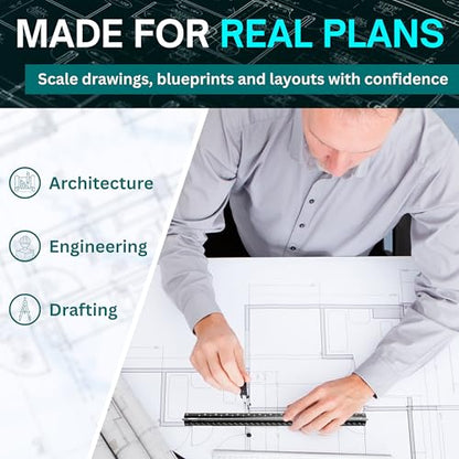 NOKKO Architectural Scale Ruler Set with Engineer Scale and Metal Ruler, 12 Inch Aluminum Drafting Rulers for Blueprints, Engineering Drawings and Floor Plans
