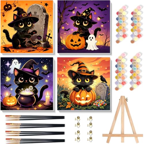 Arttoplus 4 Pack Halloween Paint by Numbers Kit for Kids with Frame, Black Cat Kids Paint by Numbers Ages 4-8-12 with Wooden Easel,Easy Oil Painting by Number for Gift Home Wall Decor(8x8 inch) - color: BKH2604+BKH2605+BKH2606+BKH2607-US