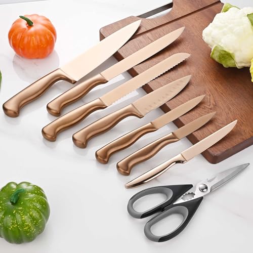 15-Piece Rose Gold Knife Block Set with Sharpener, Chef Professional Knife Set, Stainless Knife Set With Scissors, Steak Knives - color: Rose Gold