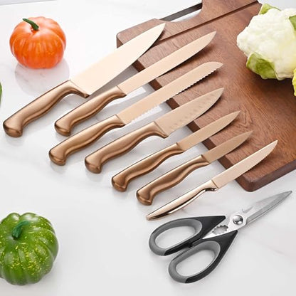 15-Piece Rose Gold Knife Block Set with Sharpener, Chef Professional Knife Set, Stainless Knife Set With Scissors, Steak Knives - color: Rose Gold