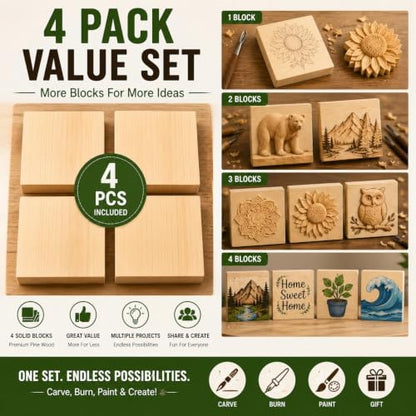 4 Pcs Solid Wood Blocks 4x4x1 Inch Unfinished Whittling Blocks for Crafts, Wooden Art Block for Crafts DIY Projects Classes Photo Blocks Painting Wall Decorations - size: 4x4x1 Inch