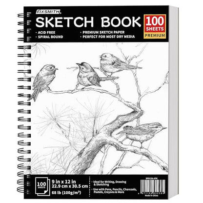 FIXSMITH 9"X12" Sketch Book, 100 Sheets, 68 lb/100gsm | 100 Sheets, Bright White, Spiral Sketchbook, Acid Free Drawing Paper, For Kids, Beginners, Artists & Professionals - color: Black, size: 9"x12"-1 Pack