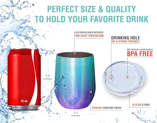 CHILLOUT LIFE 12 oz Stainless Steel Wine Tumbler with Lid - Double Wall Vacuum Insulated Wine Cup Glass Keeping Cold & Hot for Coffee, Champagne, Cocktails, Ice Cream - Mermaid Sparkle - color: Mermaid Sparkle, style: 1 Pack