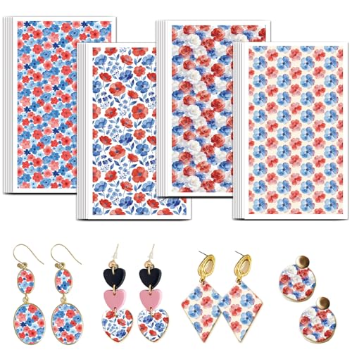 OLYCRAFT 24Pcs Independence Day Clay Transfer Paper 4 Styles Transfer Paper for Polymer Red Blue Flower Polymer Clay Transfer Sheets Floral Transfer Paper for Clay Earrings Jewelry Making - style: Independence Day