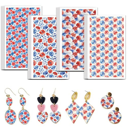 OLYCRAFT 24Pcs Independence Day Clay Transfer Paper 4 Styles Transfer Paper for Polymer Red Blue Flower Polymer Clay Transfer Sheets Floral Transfer Paper for Clay Earrings Jewelry Making - style: Independence Day