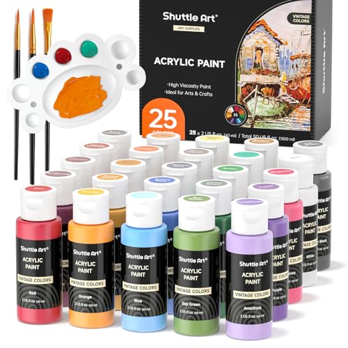 Shuttle Art Acrylic Paint Set, 25 Vintage Colours, 2oz/60ml Bottles, Rich Pigmented, Premium Acrylic Paints for Artists, Beginners and Kids on Rocks Crafts Canvas Wood Ceramic - color: 25 Vintage Colours, size: 2.03 Fl Oz (Pack of 25)