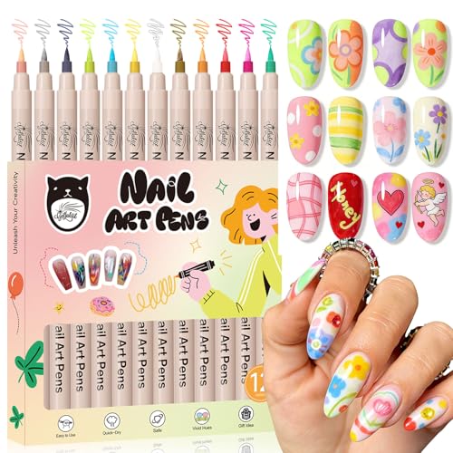 12 Colors Nail Art Pens Set, 3D Nail Polish Pens 0.7mm, Quick-Drying&Waterproof Acrylic Paint Markers, Dotting Liner for DIY Nail Design, Home & Salon Manicure Tools, Ideal for Christmas, Halloween - color: white