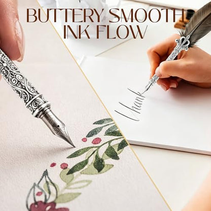 Joyeee Grey Writing Quill and Ink Set, With Elegant Antique Feather Fountain Dip Pen, Black Ink Pot, Stainless Steel Nibs, Collectible Keepsake Gift Box, Nice Luxury Office Gift for Colleagues Clients - color: Grey Quill Pen Set