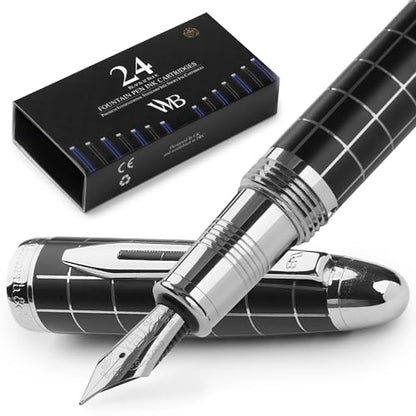 Wordsworth & Black Majesti Fountain Pen-(Checked), Luxury Case, Chrome Finish; Extra Fine Nib- Ink Cartridges, Refillable Ink Converter-Calligraphy Pen-Best Business Gift Set for Men & Women | Checked, Gift for Men Women, Chrome Finish, 18K German Iridium