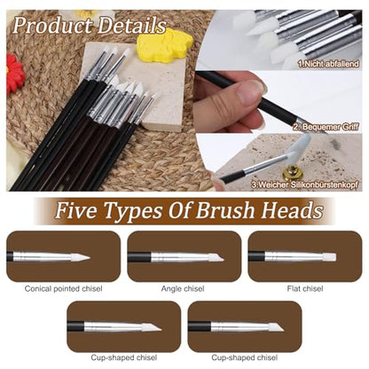 15 Pcs Silicone Sculpting Tools, Flexible Clay Carving Tools Pottery Tool 5 Shapes Head Silicone Paint Brushes Rubber Tip for Handicraft Pottery Artwork Shaping Carving DIY Nail
