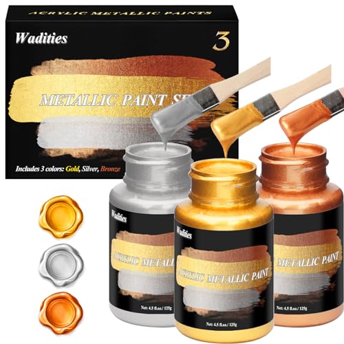 Wadities Acrylic Paint Metallic, 3pcs 13.5oz(375g) Gold & Silver & Bronze, Gold Leaf Paint for Art Painting, Ideal for Canvas, Wood, Clay, Fabric, Ceramic, Stone, Glass Craft Supplies