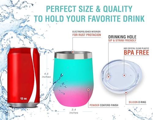 CHILLOUT LIFE 12 oz Stainless Steel Wine Tumbler with Lid - Double Wall Vacuum Insulated Wine Cup Glass Keeping Cold & Hot for Coffee, Champagne, Cocktails, Ice Cream - Powder Coated Aqua Blue/Pink - color: Frozen Slushy, style: 1 Pack