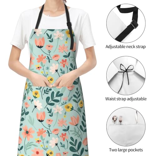 Cream Pastel Wildflower Art Waterproof Apron with Pockets | Garden Aprons for Men Women Adjustable Bib Apron for Cooking Kitchen Baking BBQ Painting Housework Oil Resistant - color: Pastel Garden Print