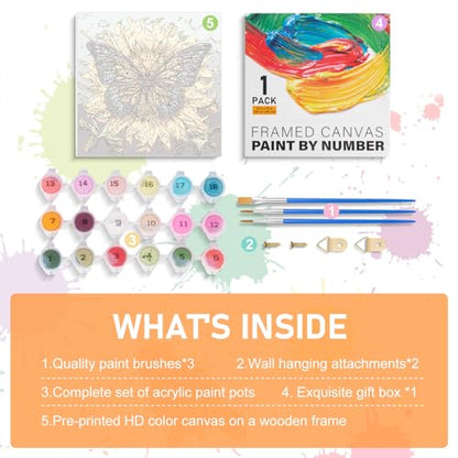 Framed Paint by Numbers Kit for Adults Beginners & Kids Ages 8-12, Butterfly Sunflower Acrylic Easy Paint by Number with Frame, Paint by Number Kits on Canvas Framed (10 * 10 Inch, without Easel) - color: BOP1PF01, size: 10 x 10 Inch