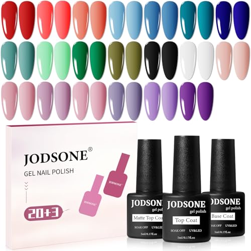 JODSONE 23 PCS Gel Nail Polish Set with Base Glossy and Matte Top Coat Multicolored Gel Nail Long Lasting Suitable for All Seasons - color: 20SET-01A