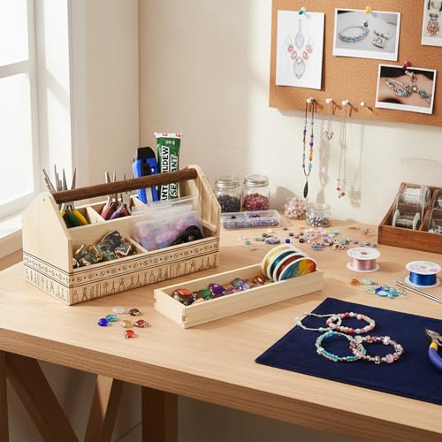 Ikee Design Small Wooden 5-Compartment Craft Tool Box Caddy with Drawer and Handle, Desk Art Supply Storage Organizer for Craft Tools, Makeup Essentials, 10 W x 4.9 D x 5.5 H in - color: Natural with Pattern